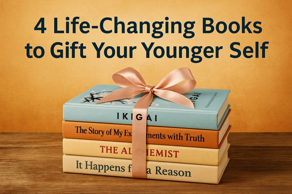 A stack of four life-changing books with a ribbon, waiting to be gifted.